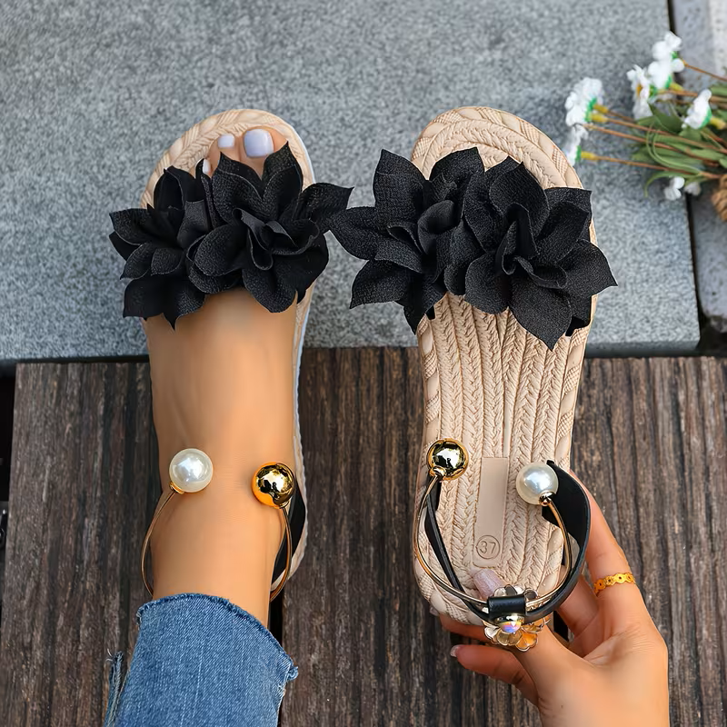 Women’s Floral Comfortable Non-Slip Casual Sandals with Pearl Ankle Strap