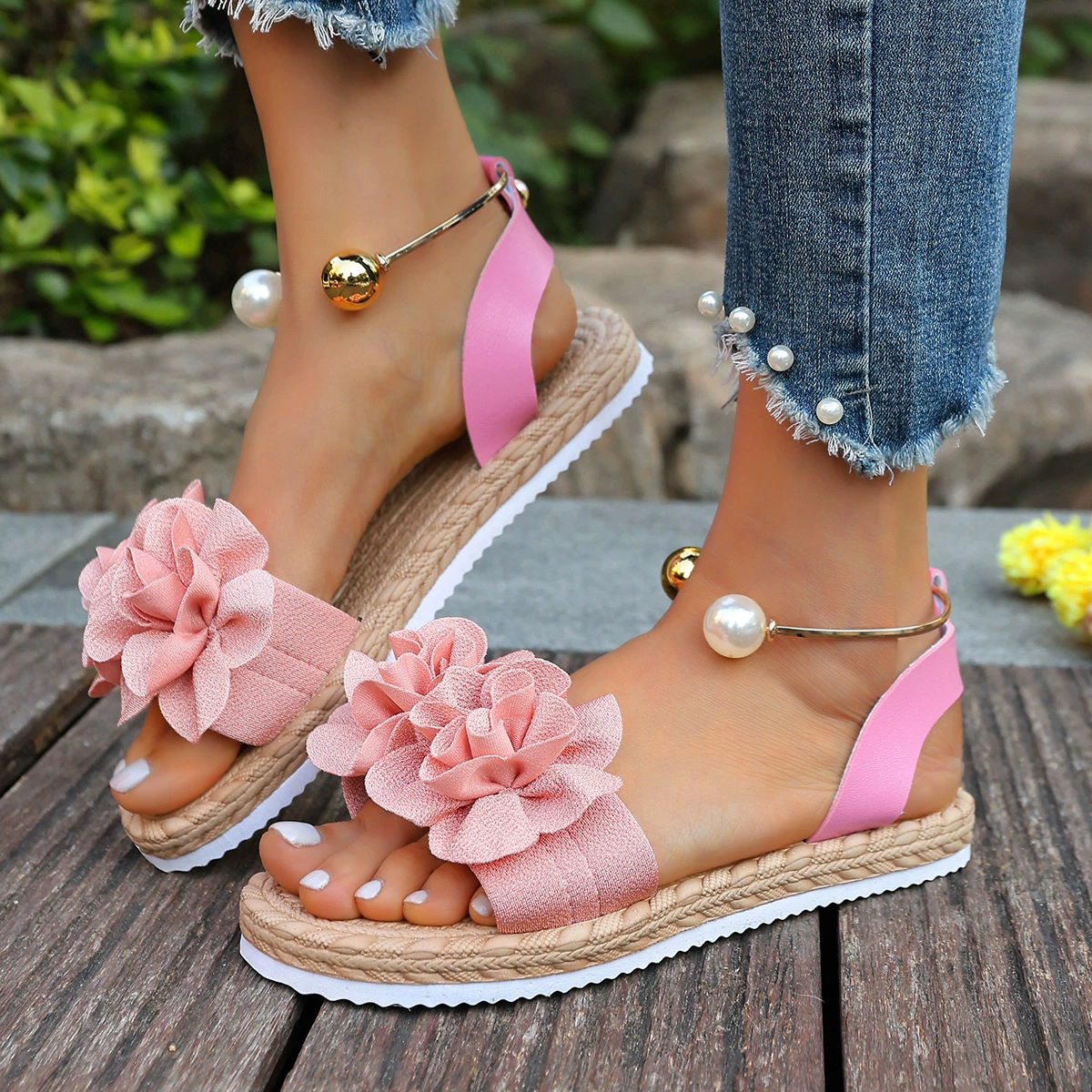 Women’s Floral Comfortable Non-Slip Casual Sandals with Pearl Ankle Strap