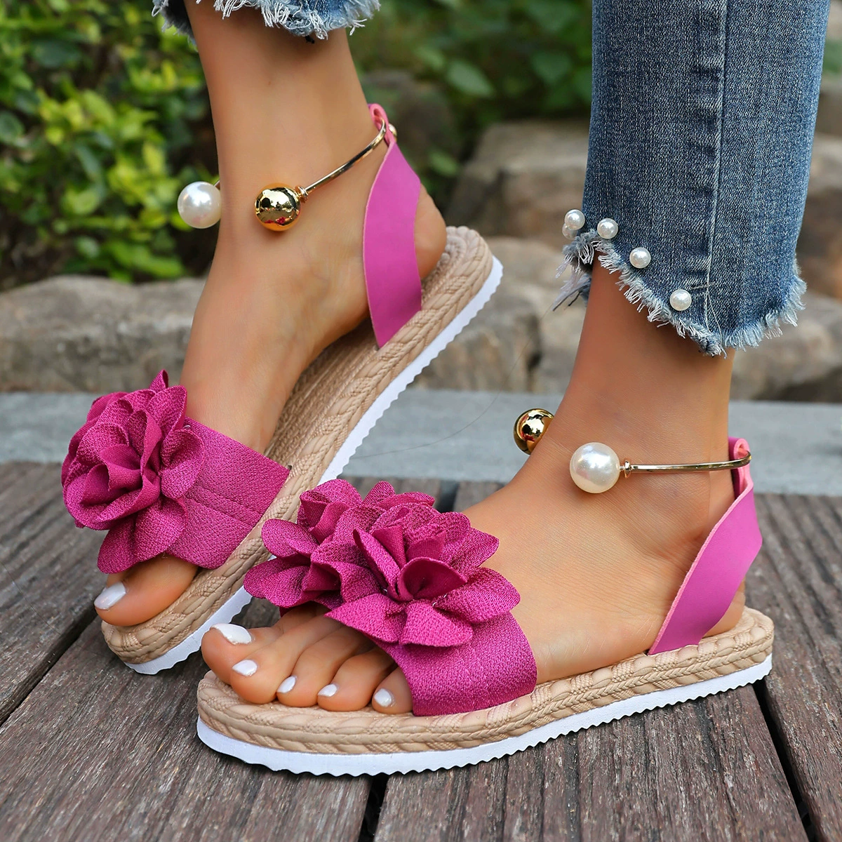 Women’s Floral Comfortable Non-Slip Casual Sandals with Pearl Ankle Strap