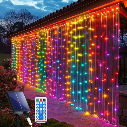 Solar Powered Curtain Light, Waterproof LED String Light with Remote Control