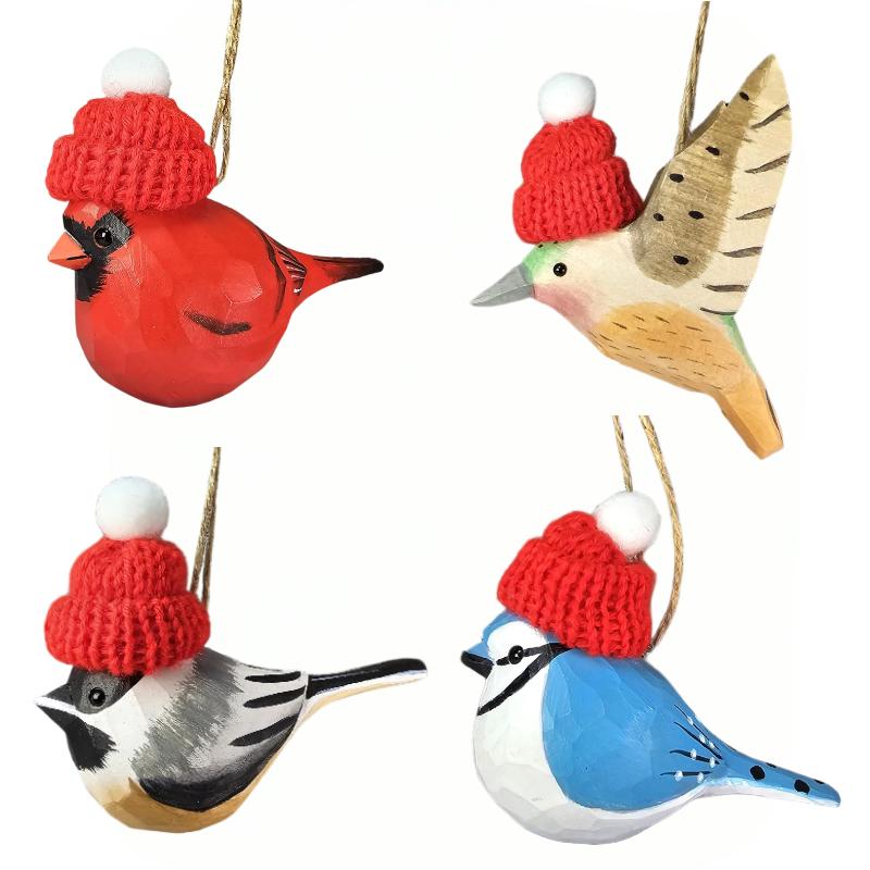 Hand‑Carved Wooden Cardinal/Hummingbird/Chickadee/Blue Jay Ornament with Red Knit Hat