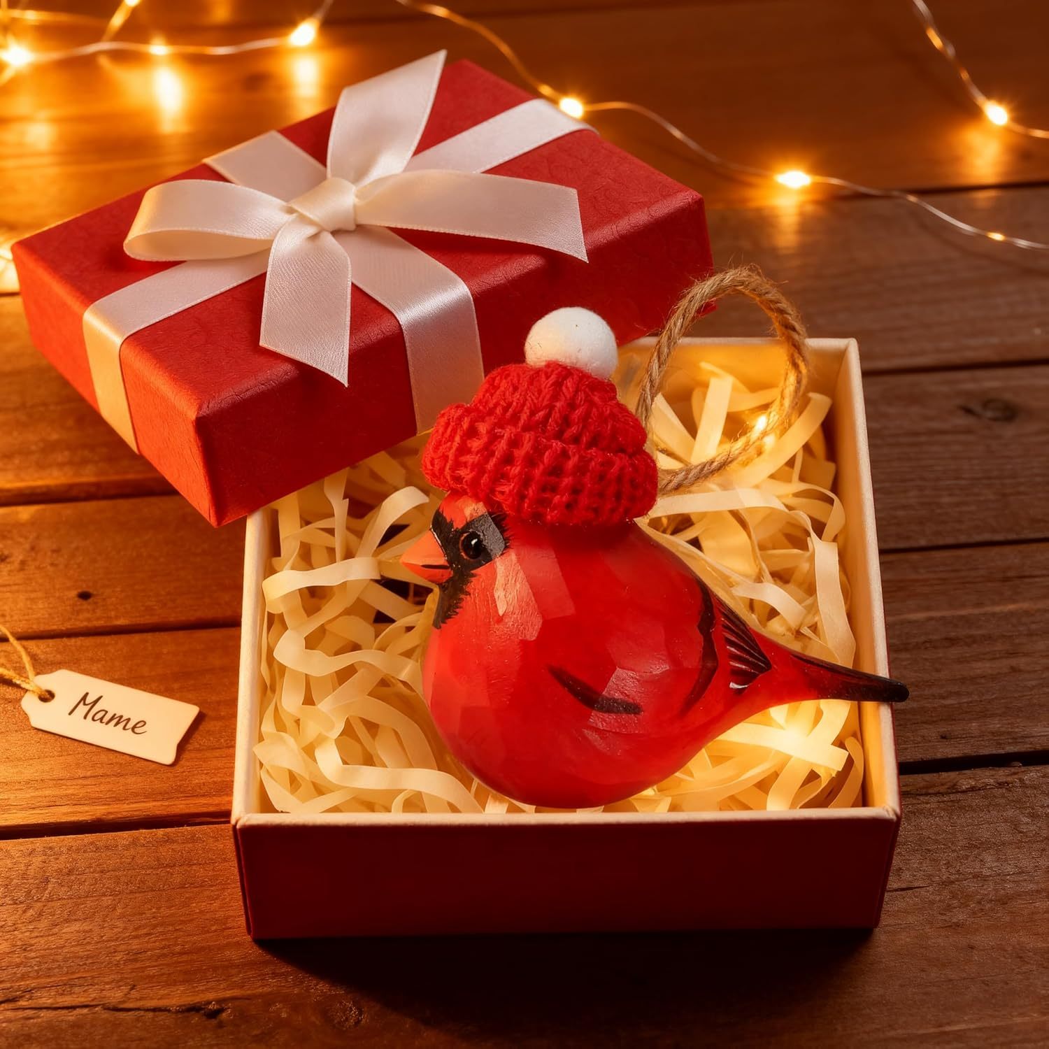 Hand‑Carved Wooden Cardinal/Hummingbird/Chickadee/Blue Jay Ornament with Red Knit Hat