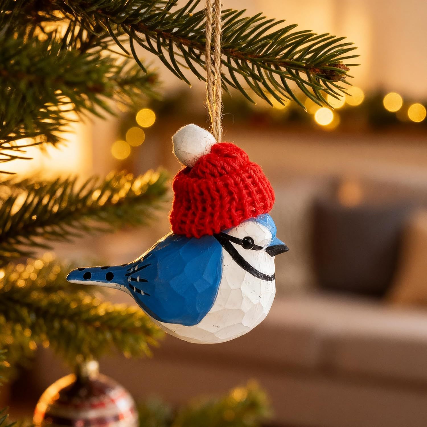 Hand‑Carved Wooden Cardinal/Hummingbird/Chickadee/Blue Jay Ornament with Red Knit Hat