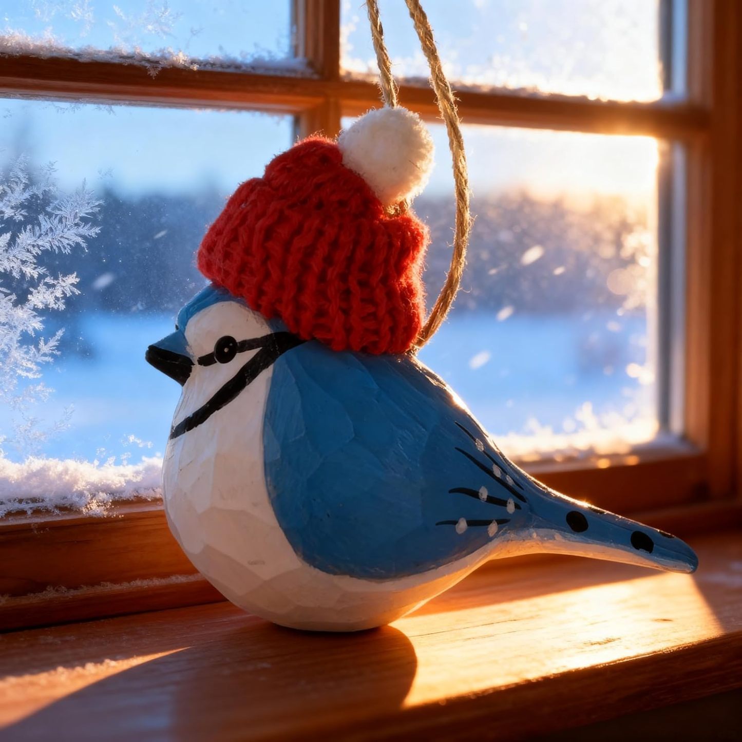 Hand‑Carved Wooden Cardinal/Hummingbird/Chickadee/Blue Jay Ornament with Red Knit Hat