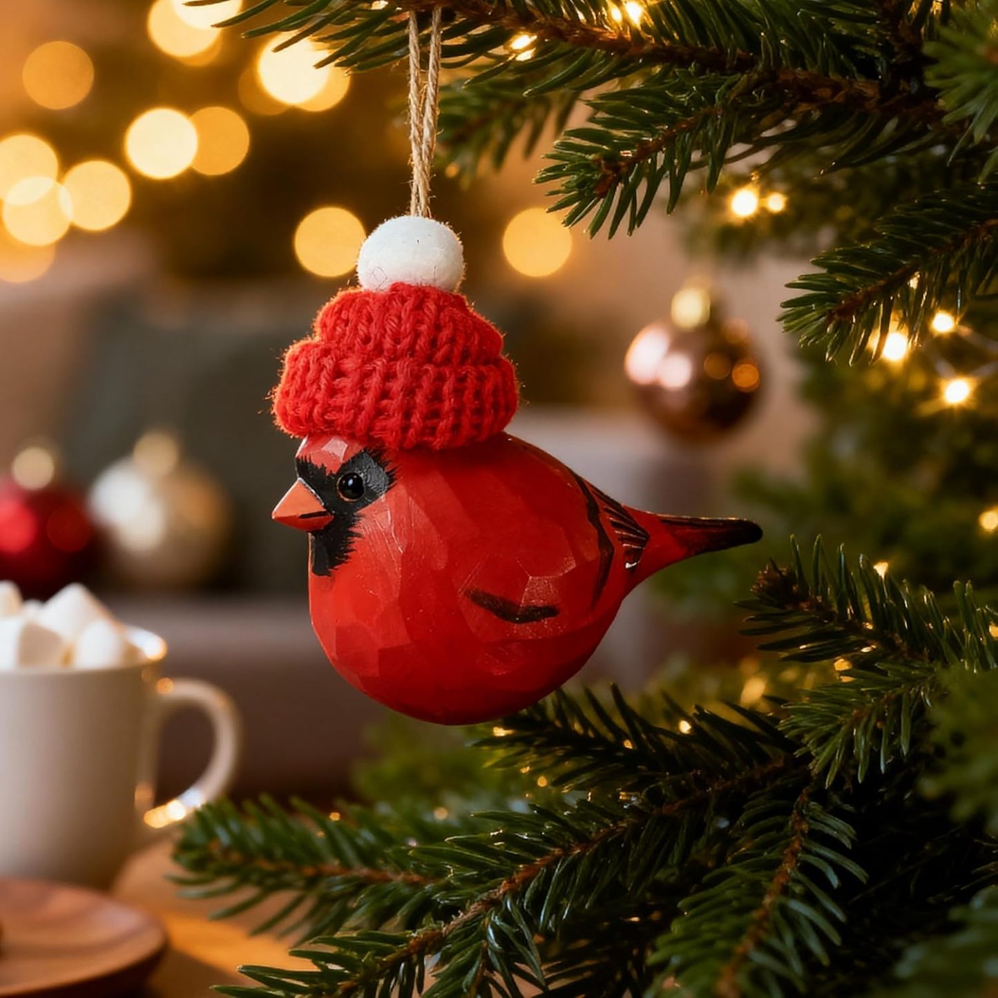 Hand‑Carved Wooden Cardinal/Hummingbird/Chickadee/Blue Jay Ornament with Red Knit Hat
