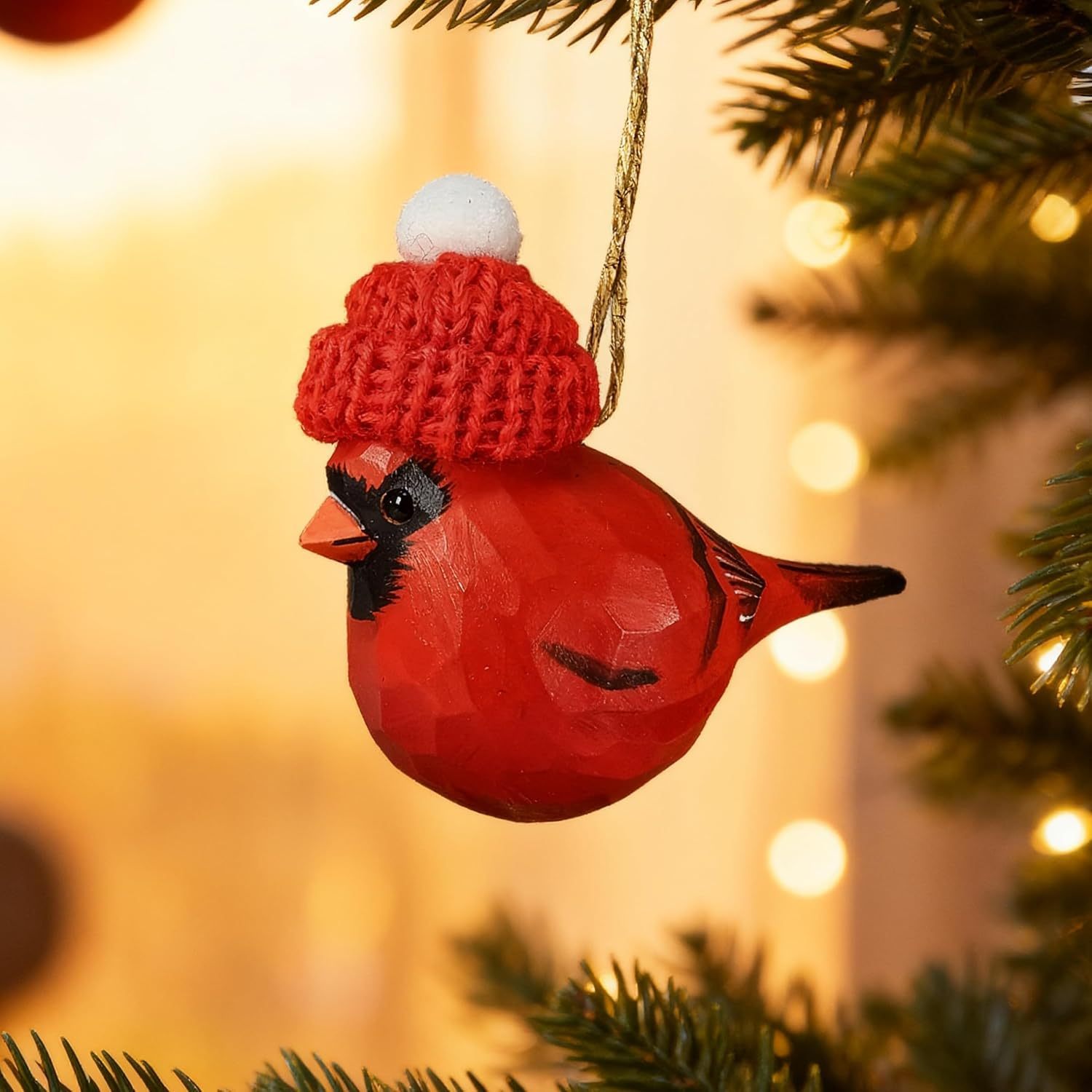Hand‑Carved Wooden Cardinal/Hummingbird/Chickadee/Blue Jay Ornament with Red Knit Hat