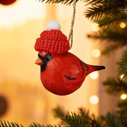 Hand‑Carved Wooden Cardinal/Hummingbird/Chickadee/Blue Jay Ornament with Red Knit Hat
