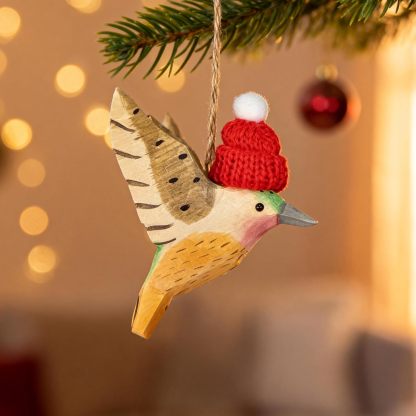 Hand‑Carved Wooden Cardinal/Hummingbird/Chickadee/Blue Jay Ornament with Red Knit Hat
