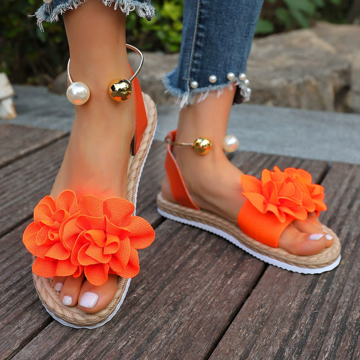 Women’s Floral Comfortable Non-Slip Casual Sandals with Pearl Ankle Strap