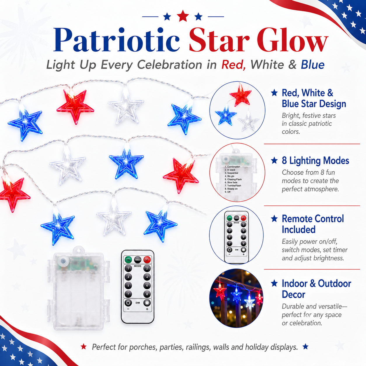 Patriotic Star LED String Lights – Red, White & Blue
