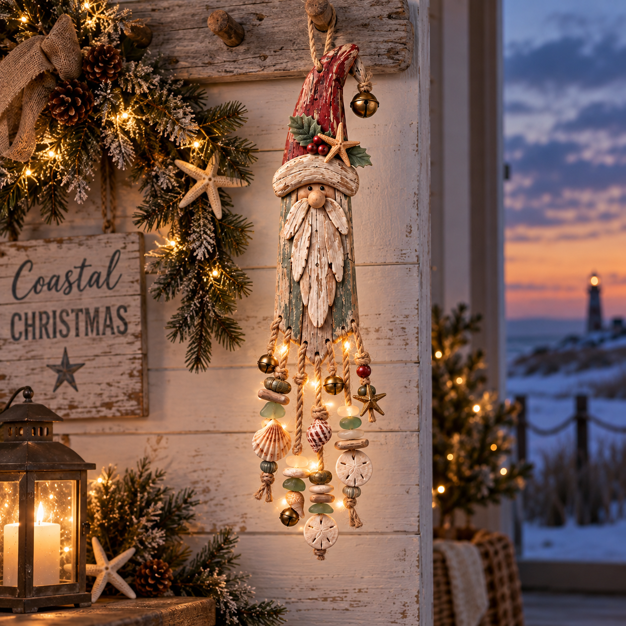 Vintage Coastal Santa Lighted Wall Decor – Beach House Christmas Hanging with Starfish, Shells & Warm Glow