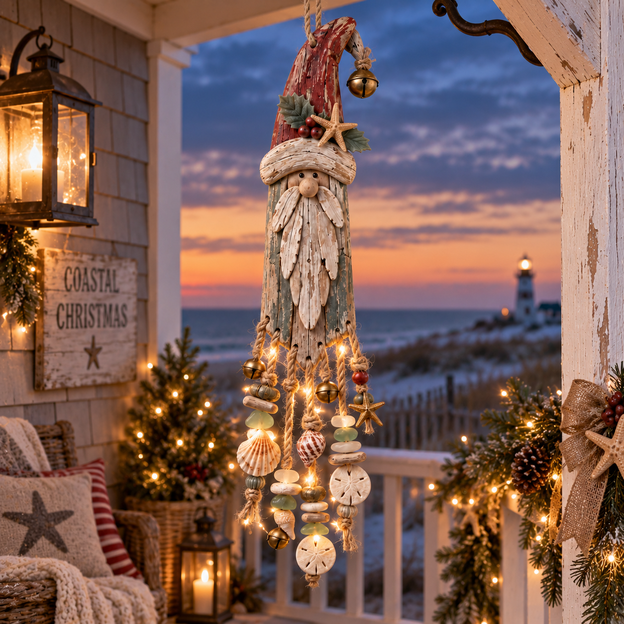 Vintage Coastal Santa Lighted Wall Decor – Beach House Christmas Hanging with Starfish, Shells & Warm Glow