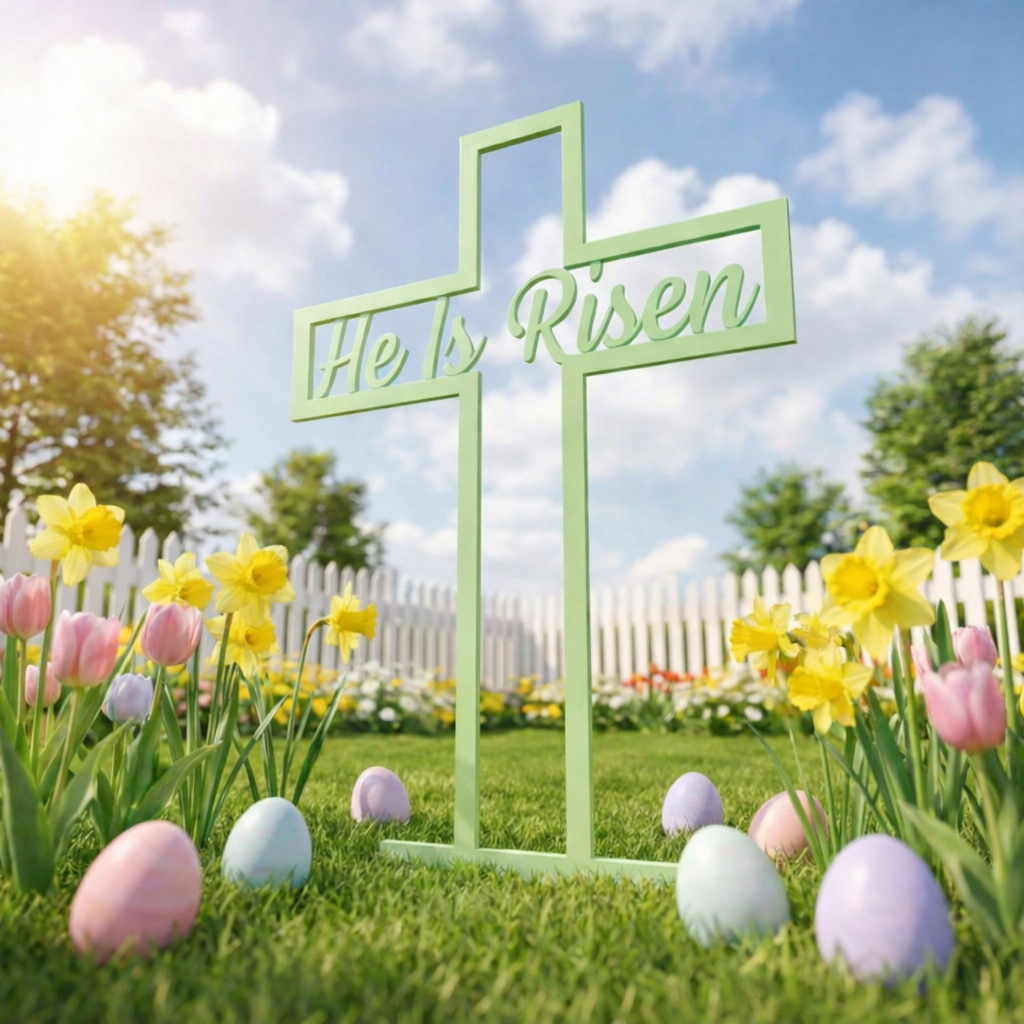 He Is Risen Metal Cross Yard Sign (24")