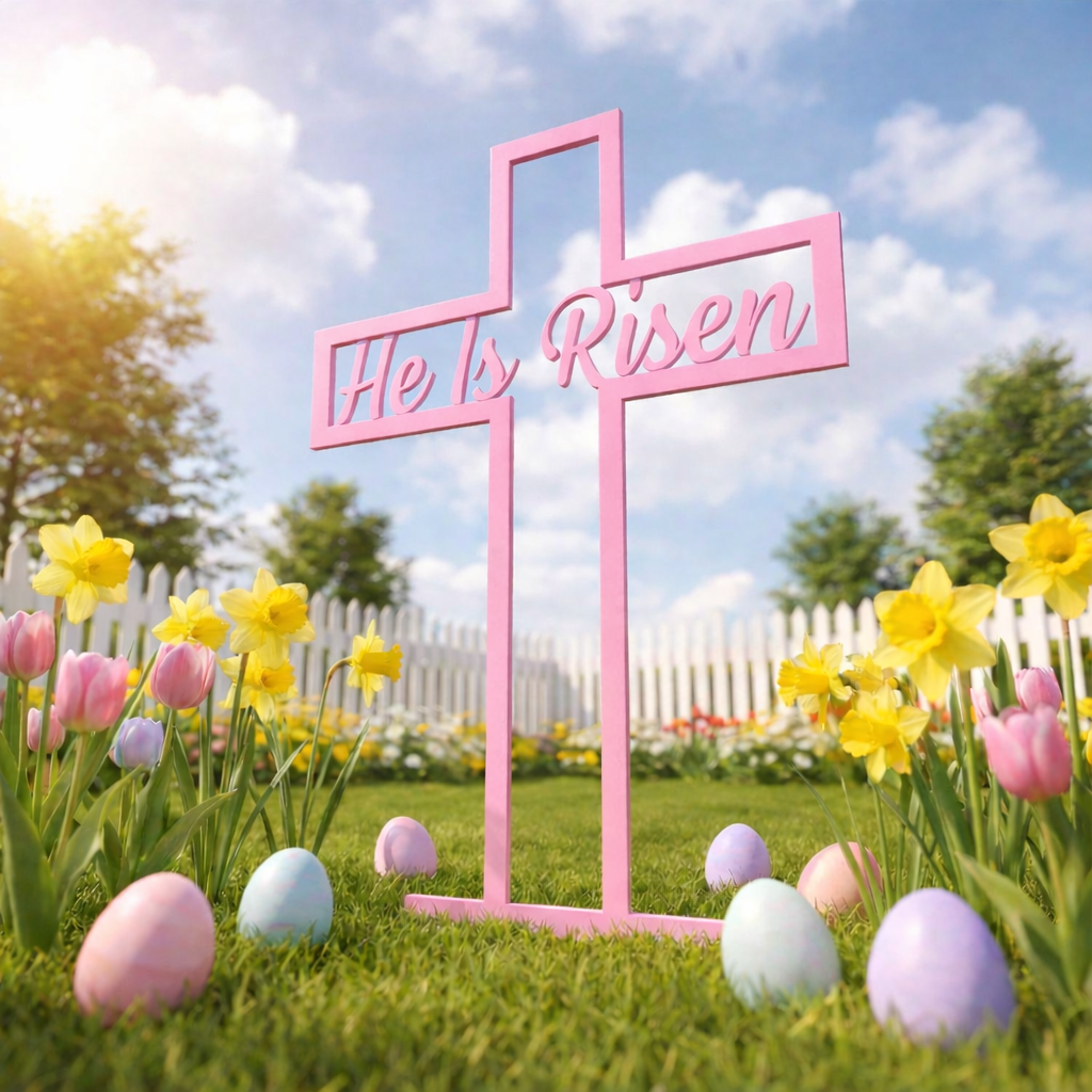 He Is Risen Metal Cross Yard Sign (24")