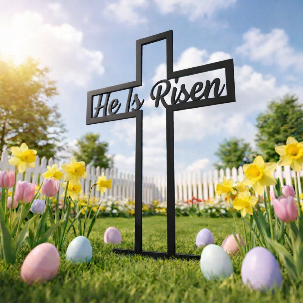 He Is Risen Metal Cross Yard Sign (24")
