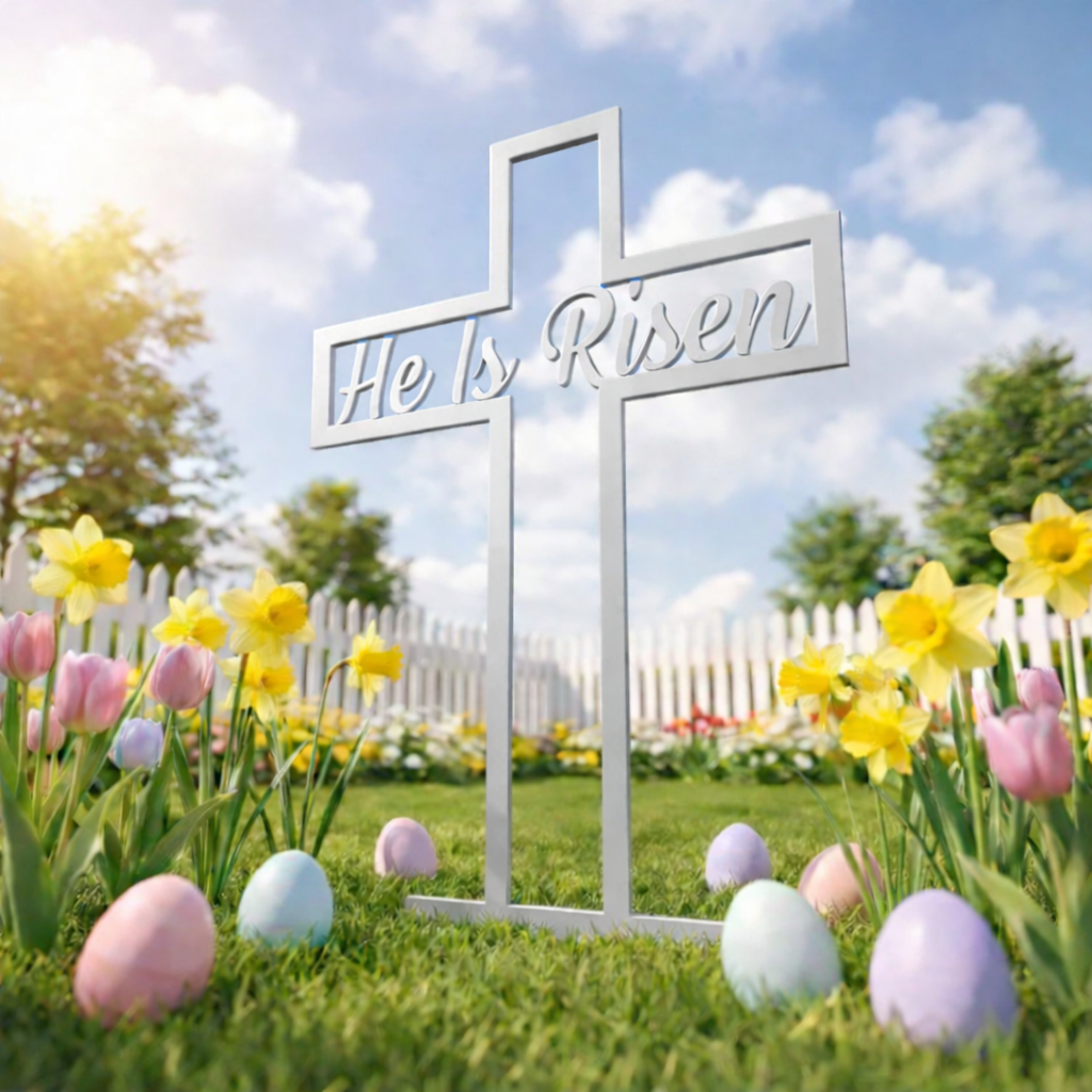 He Is Risen Metal Cross Yard Sign (24")