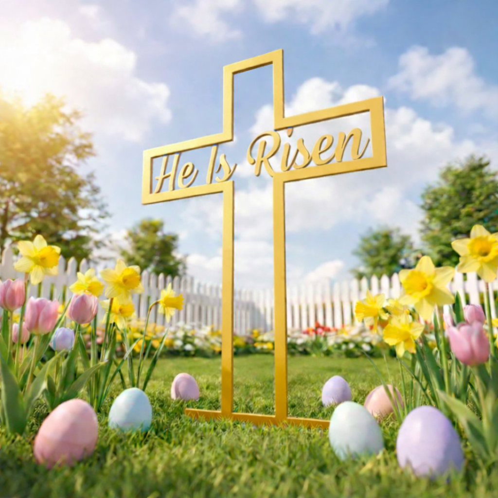He Is Risen Metal Cross Yard Sign (24")
