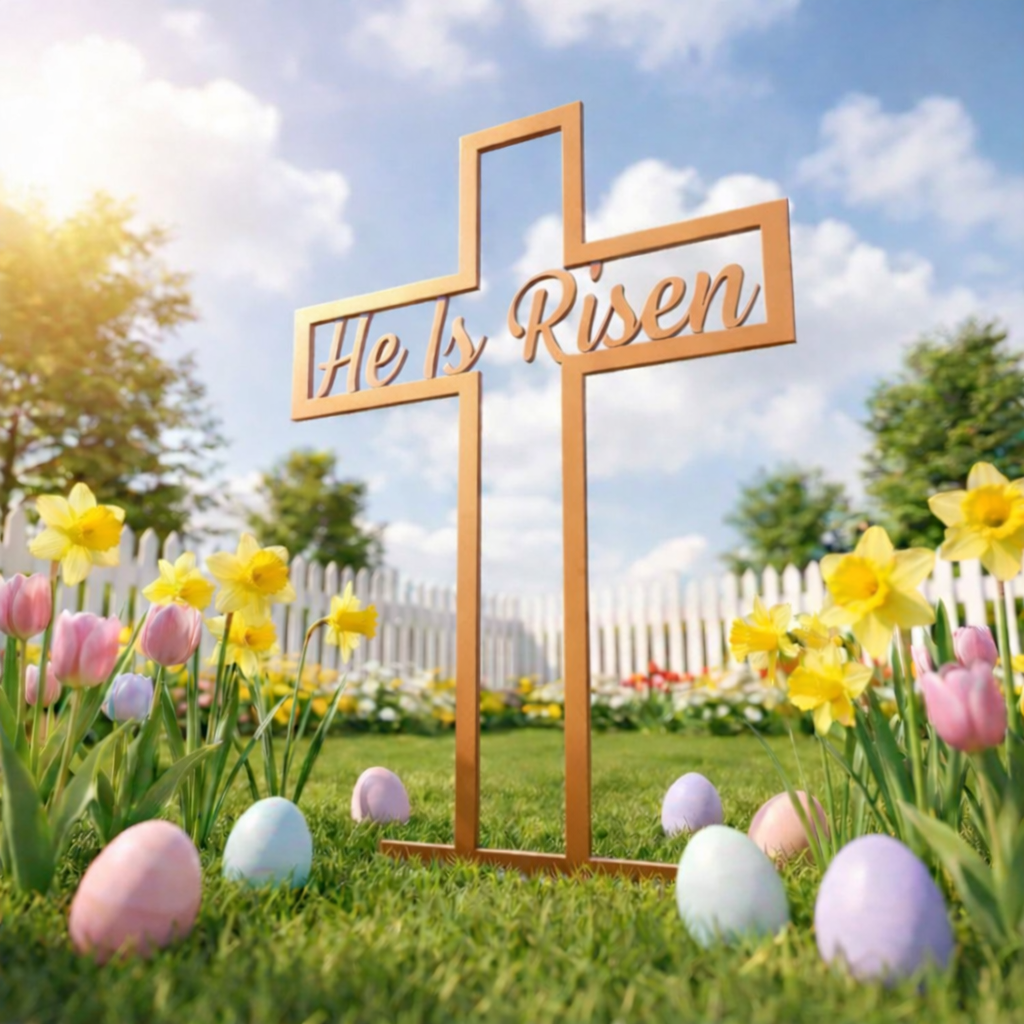 He Is Risen Metal Cross Yard Sign (24")