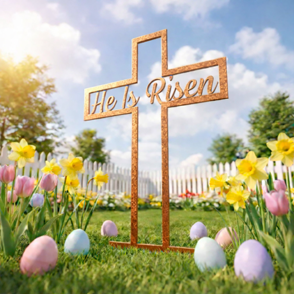 He Is Risen Metal Cross Yard Sign (24")