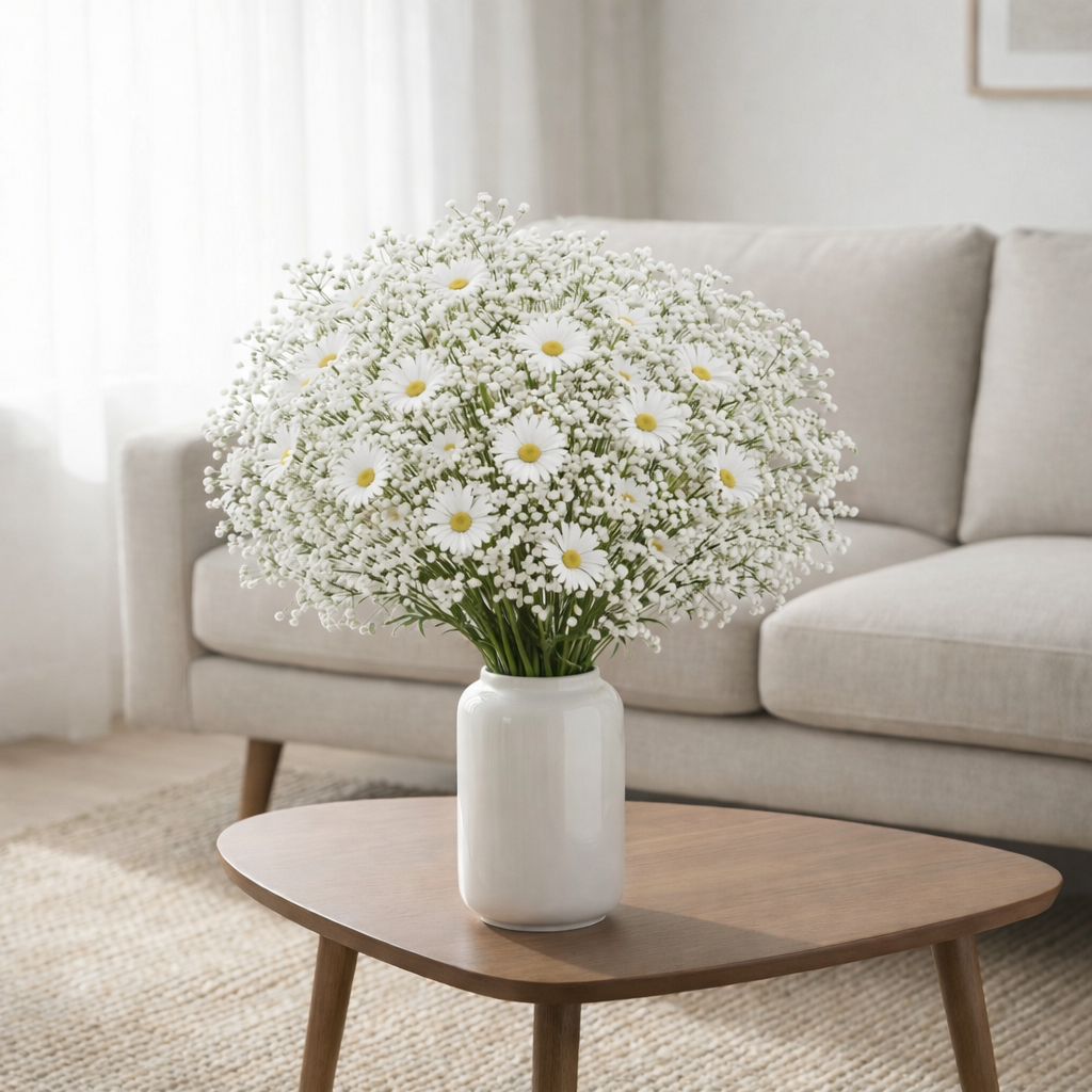 30pcs Realistic Gypsophila Daisy Artificial Flower Bouquet - Includes 20 Gypsophila and 10 Daisy Flowers