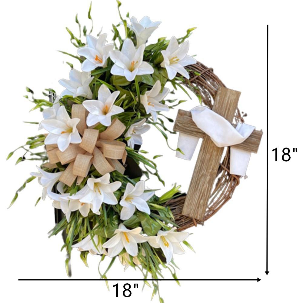 ✝️ Easter “Holy Embrace” White Lilies Crucifix Wreath – 18 Inch