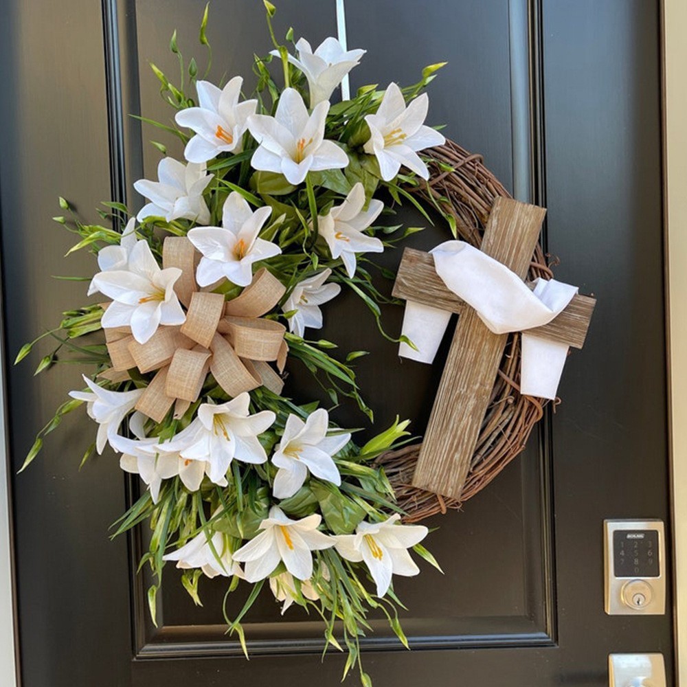 ✝️ Easter “Holy Embrace” White Lilies Crucifix Wreath – 18 Inch