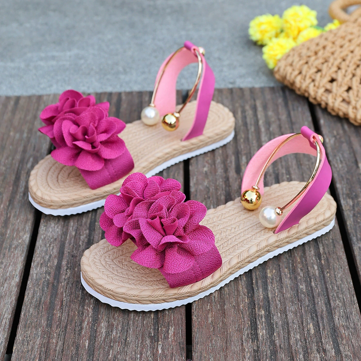 Women’s Floral Comfortable Non-Slip Casual Sandals with Pearl Ankle Strap