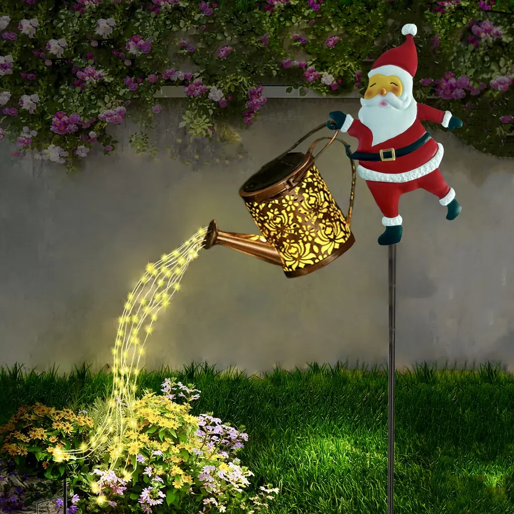 Solar Santa Claus Watering Can Lights Vintage Metal Outdoor Garden Decoration