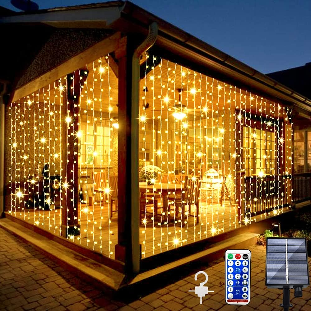 Solar Powered Curtain Light, Waterproof LED String Light with Remote Control