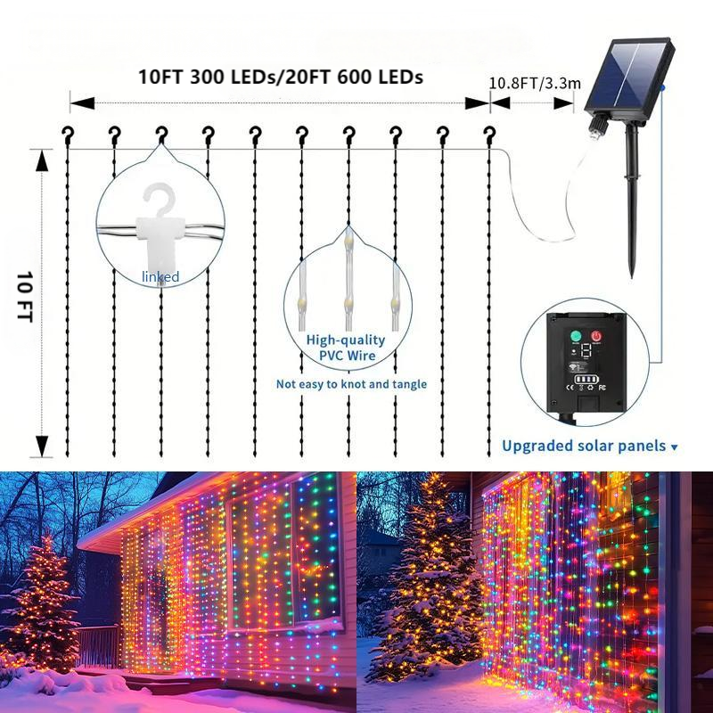 Solar Powered Curtain Light, Waterproof LED String Light with Remote Control