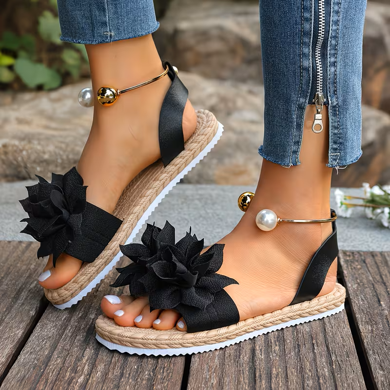 Women’s Floral Comfortable Non-Slip Casual Sandals with Pearl Ankle Strap