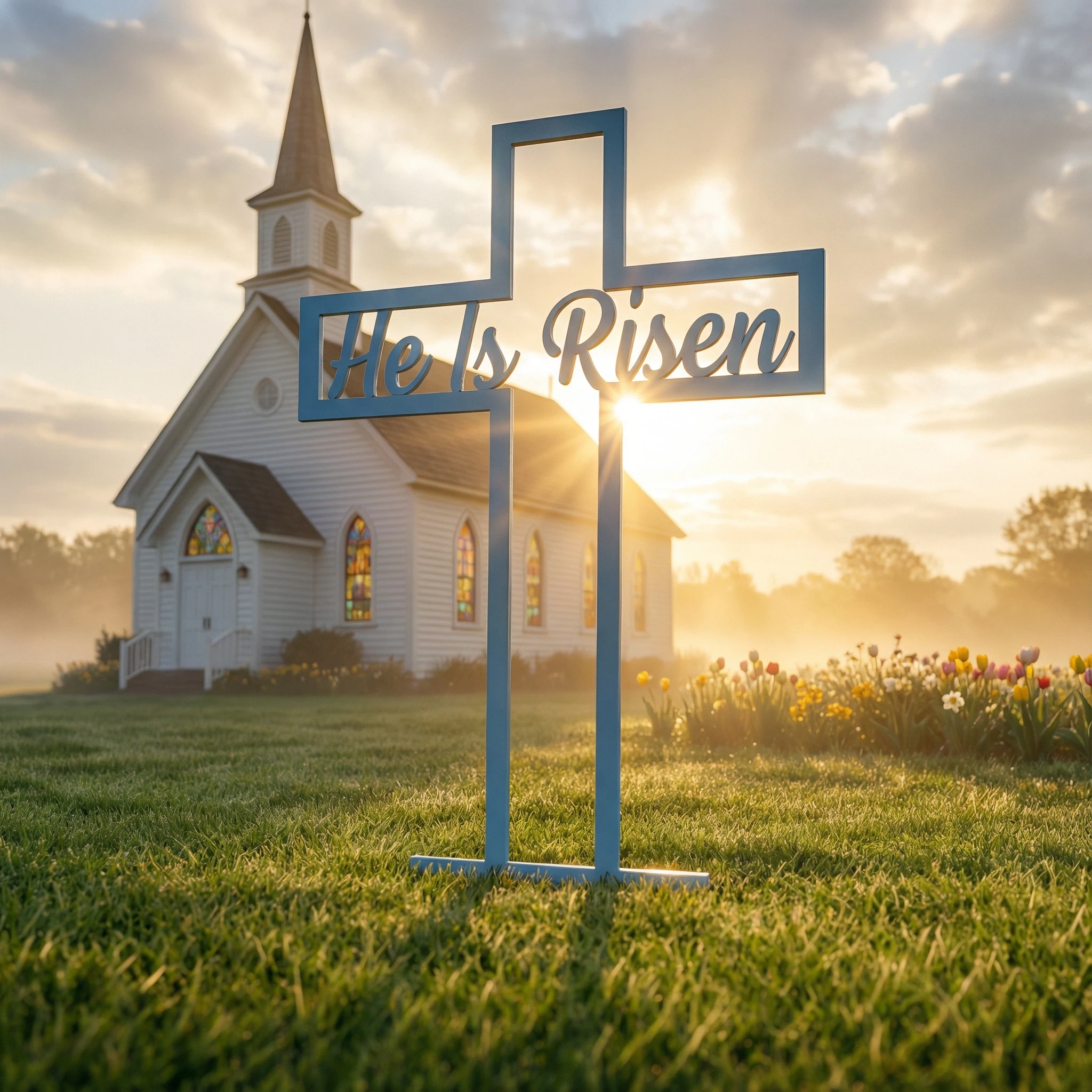 He Is Risen Metal Cross Yard Sign (24")