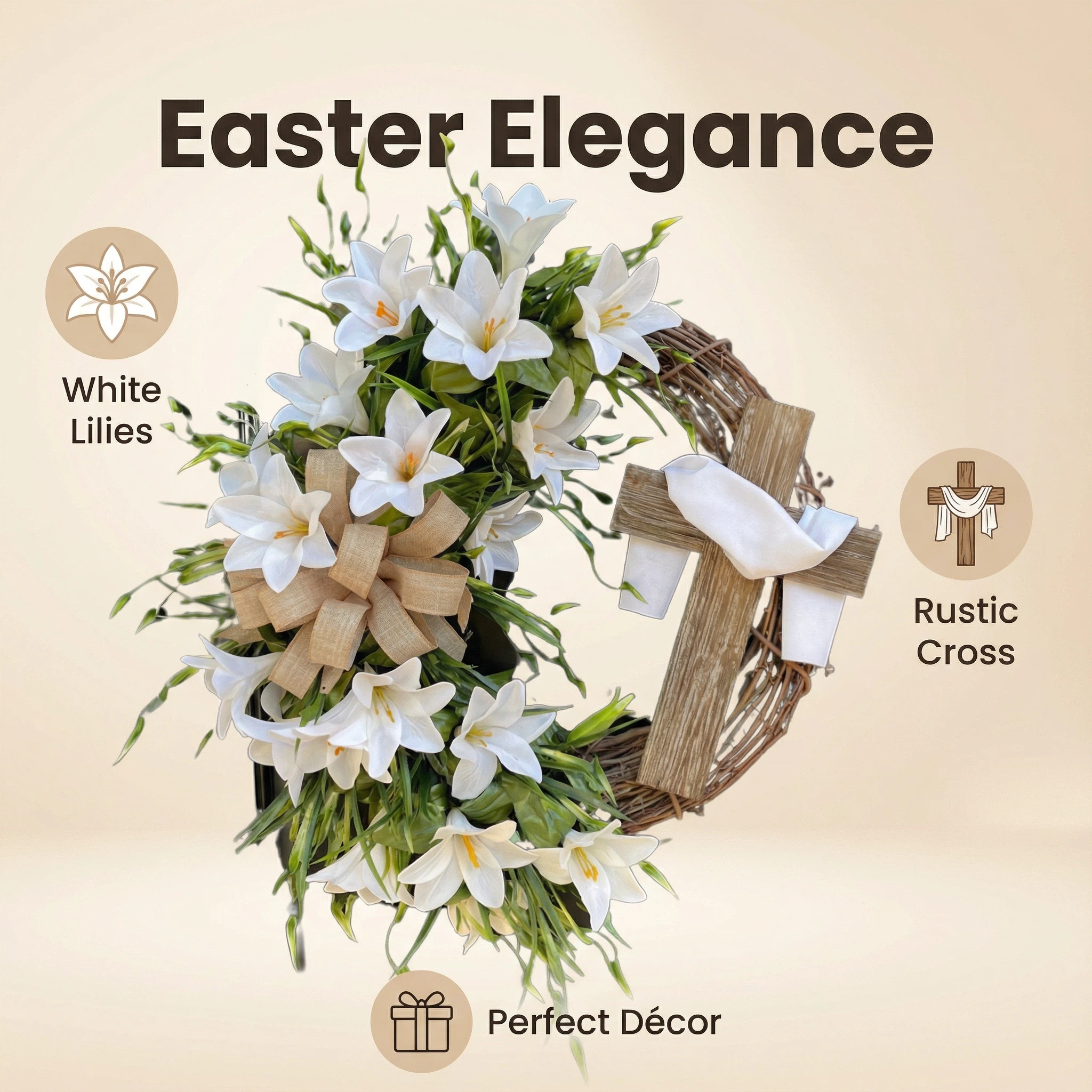 ✝️ Easter “Holy Embrace” White Lilies Crucifix Wreath – 18 Inch