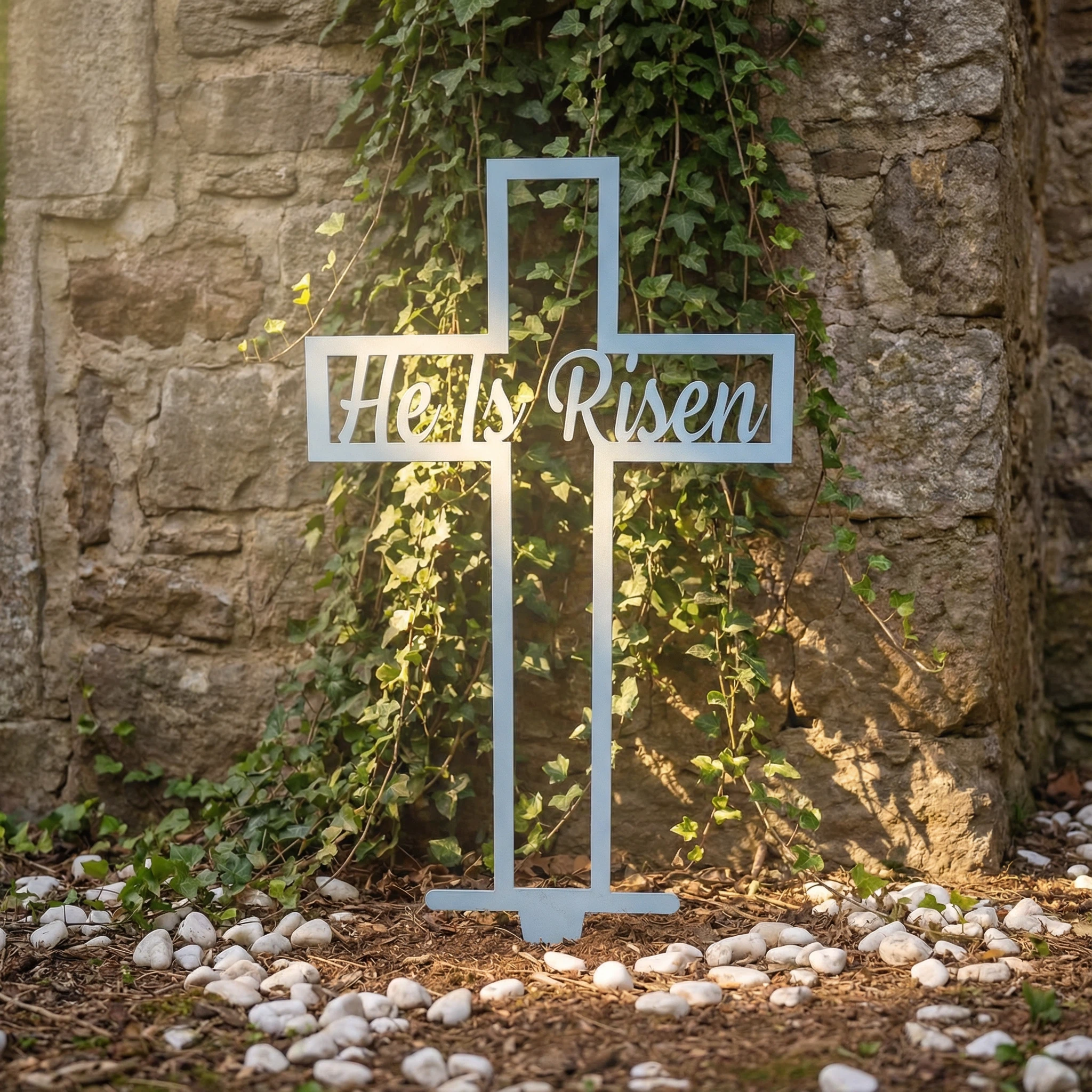 He Is Risen Metal Cross Yard Sign (24")