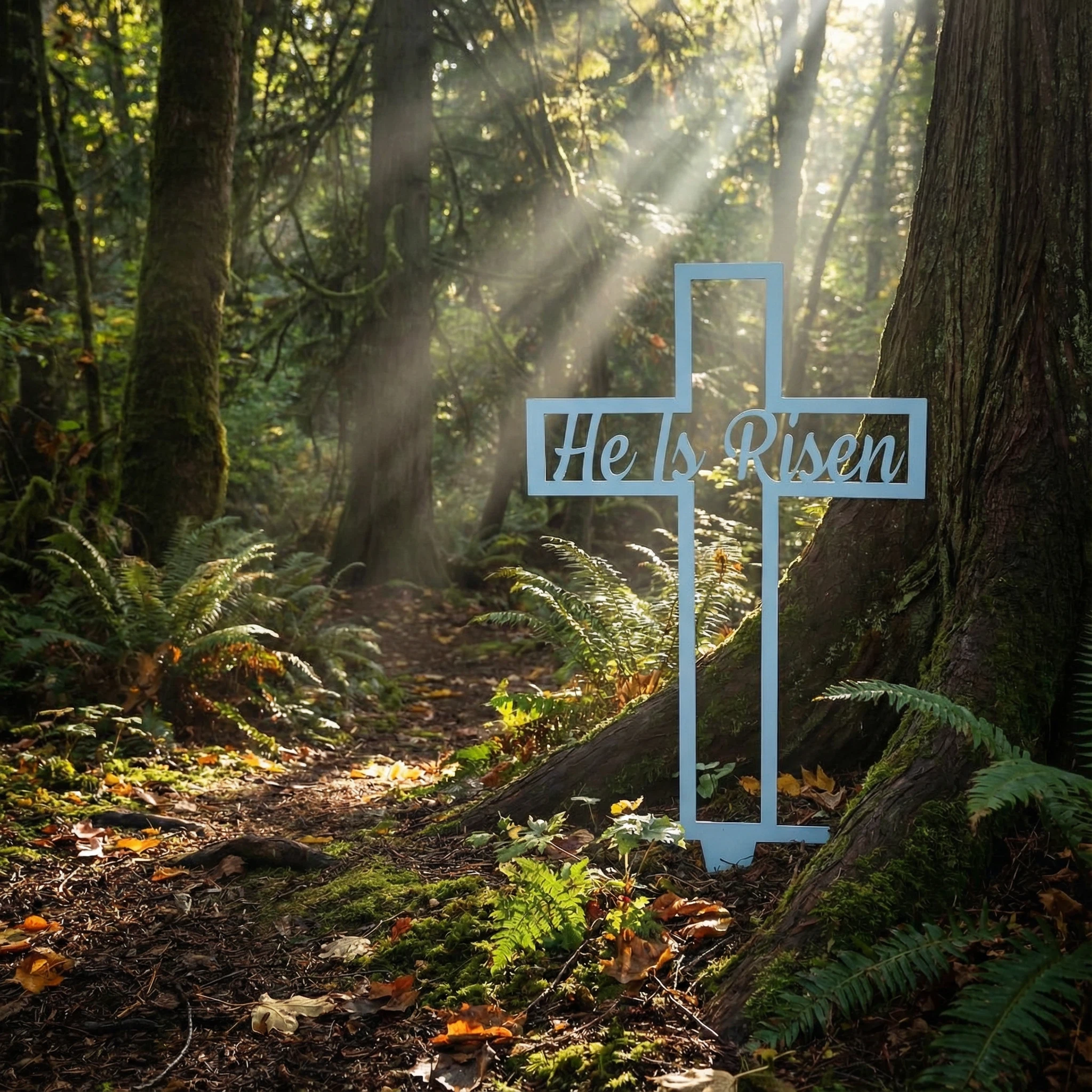 He Is Risen Metal Cross Yard Sign (24")