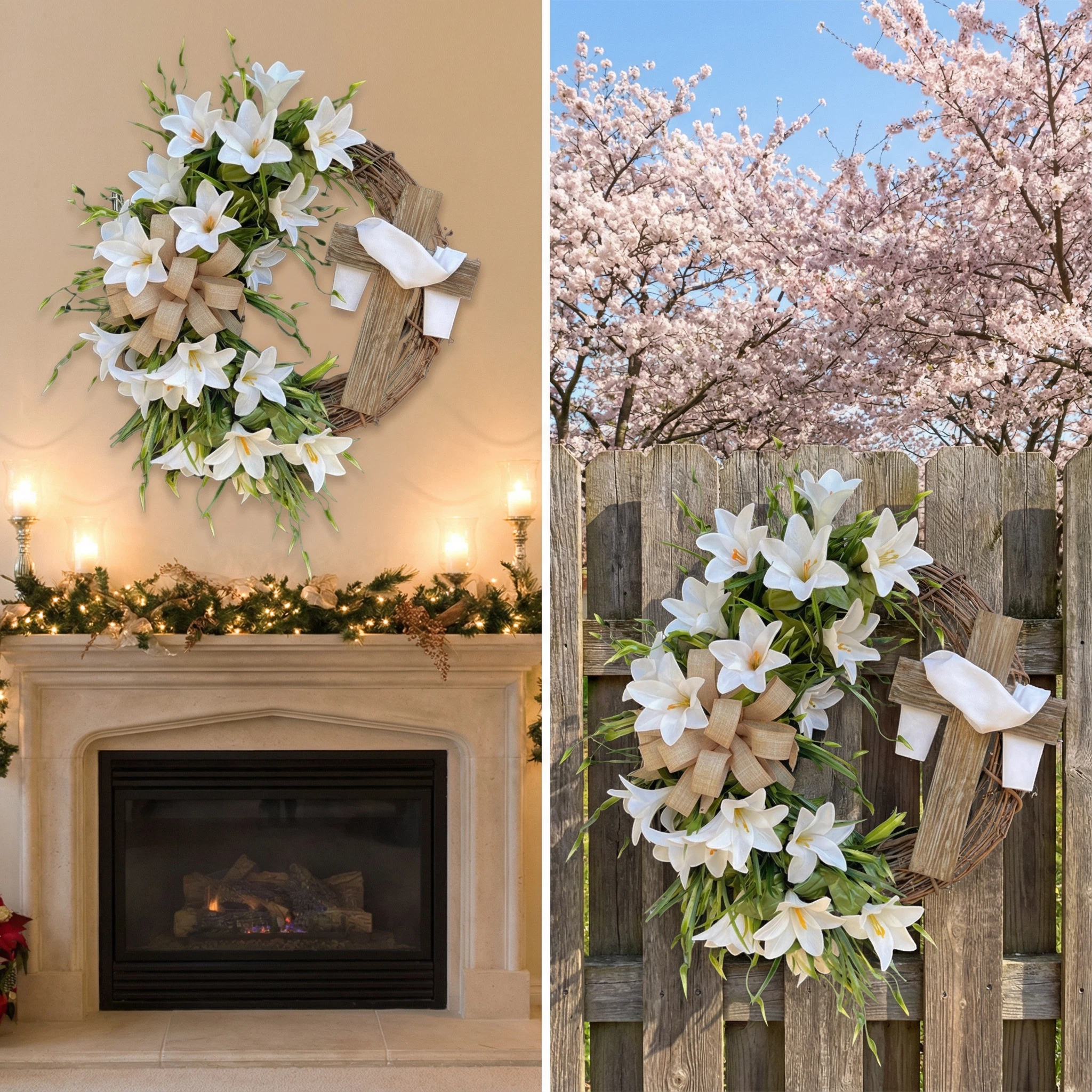 ✝️ Easter “Holy Embrace” White Lilies Crucifix Wreath – 18 Inch