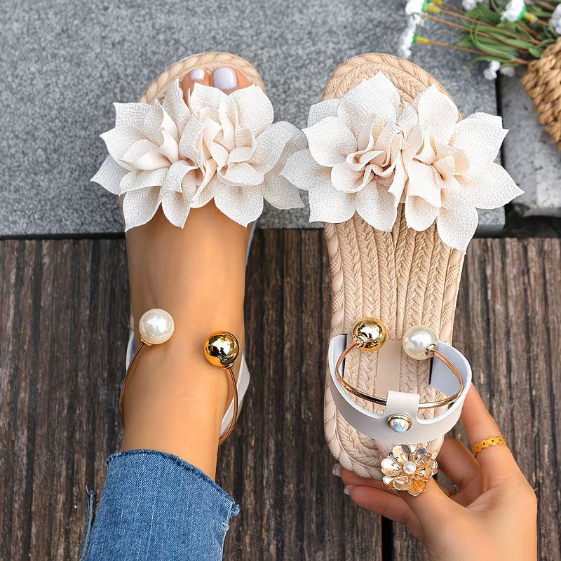 Women’s Floral Comfortable Non-Slip Casual Sandals with Pearl Ankle Strap