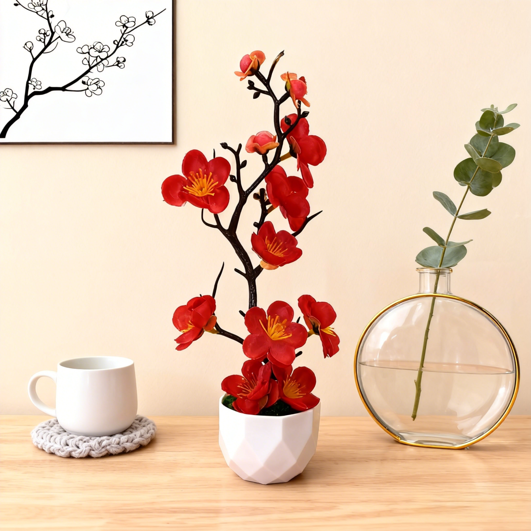 Artificial Plum Blossom Bonsai - Realistic Plum Branches with Pots