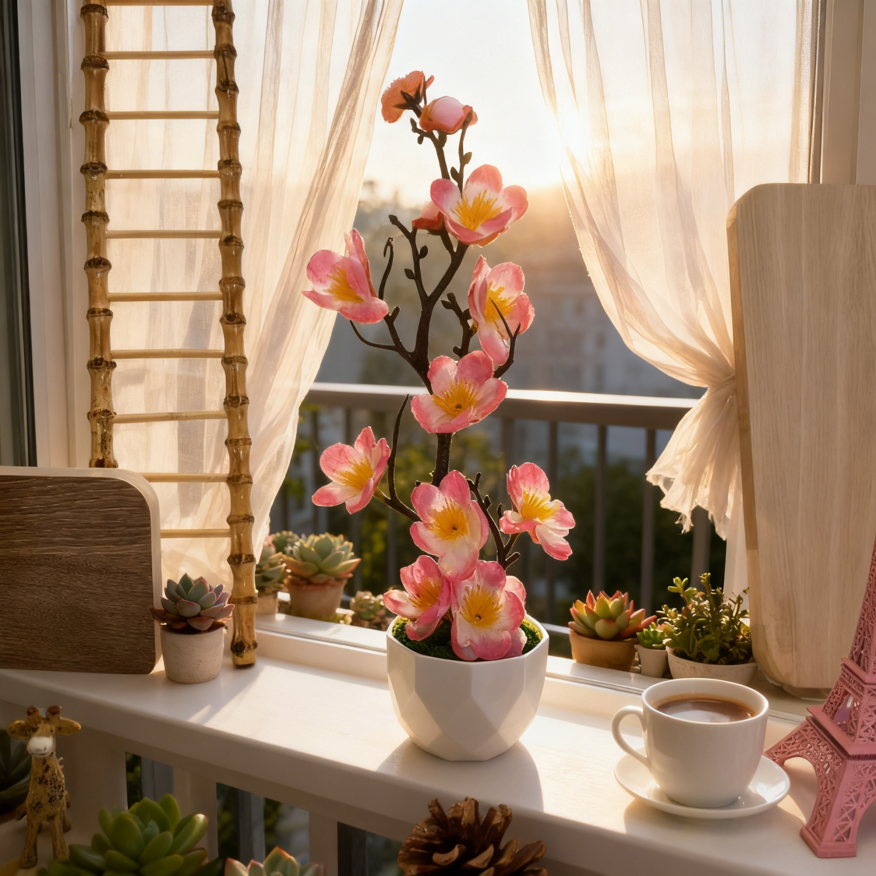 Artificial Plum Blossom Bonsai - Realistic Plum Branches with Pots