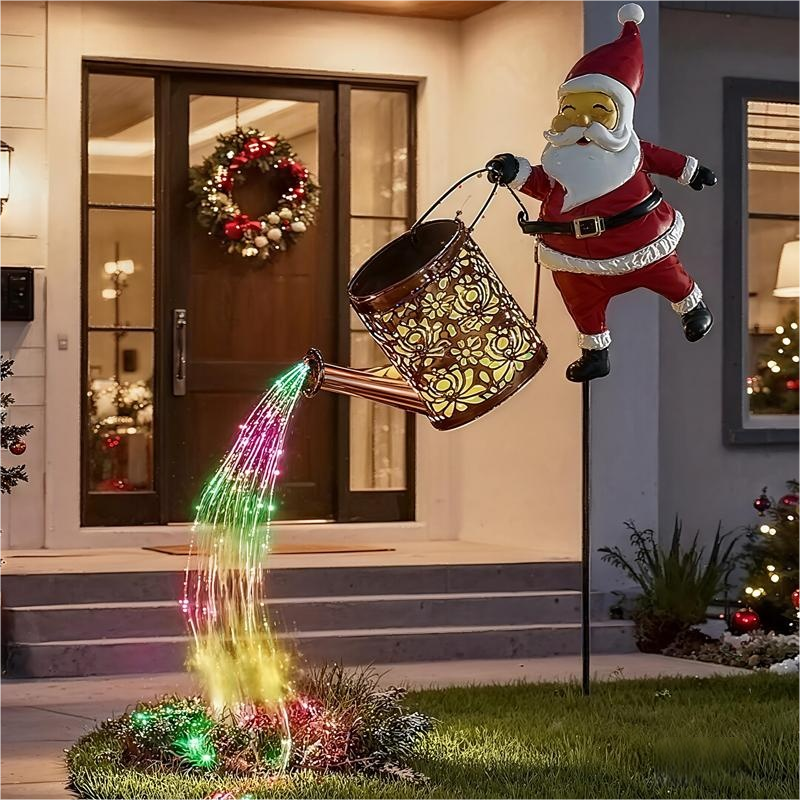 Solar Santa Claus Watering Can Lights Vintage Metal Outdoor Garden Decoration