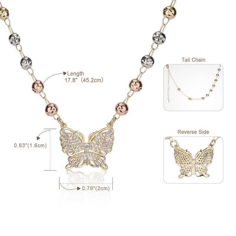 14K Gold Plated Butterfly Pendant Necklace for Women, Tri-Color Bead Rhinestone Necklace for Daily Party, Trendy Jewelry Gift