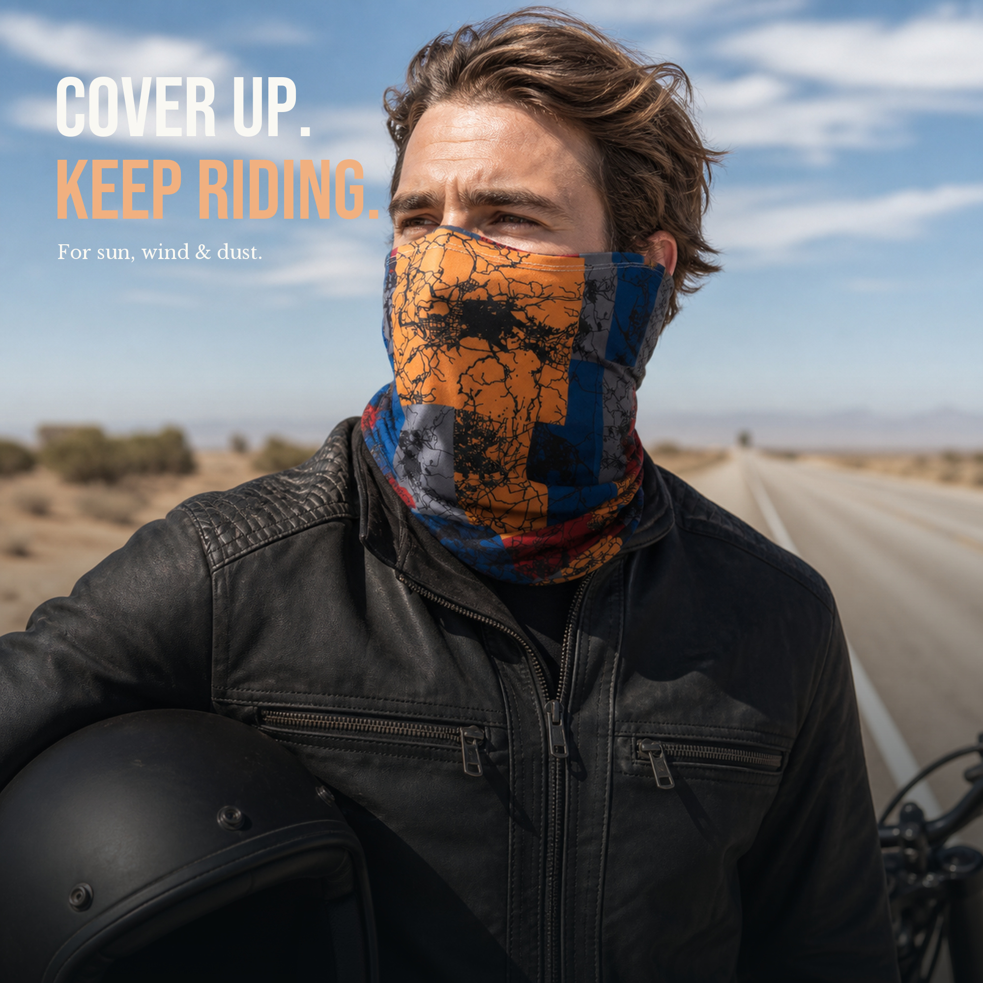 Seamless neck gaiter pulled up to cover the lower face while riding