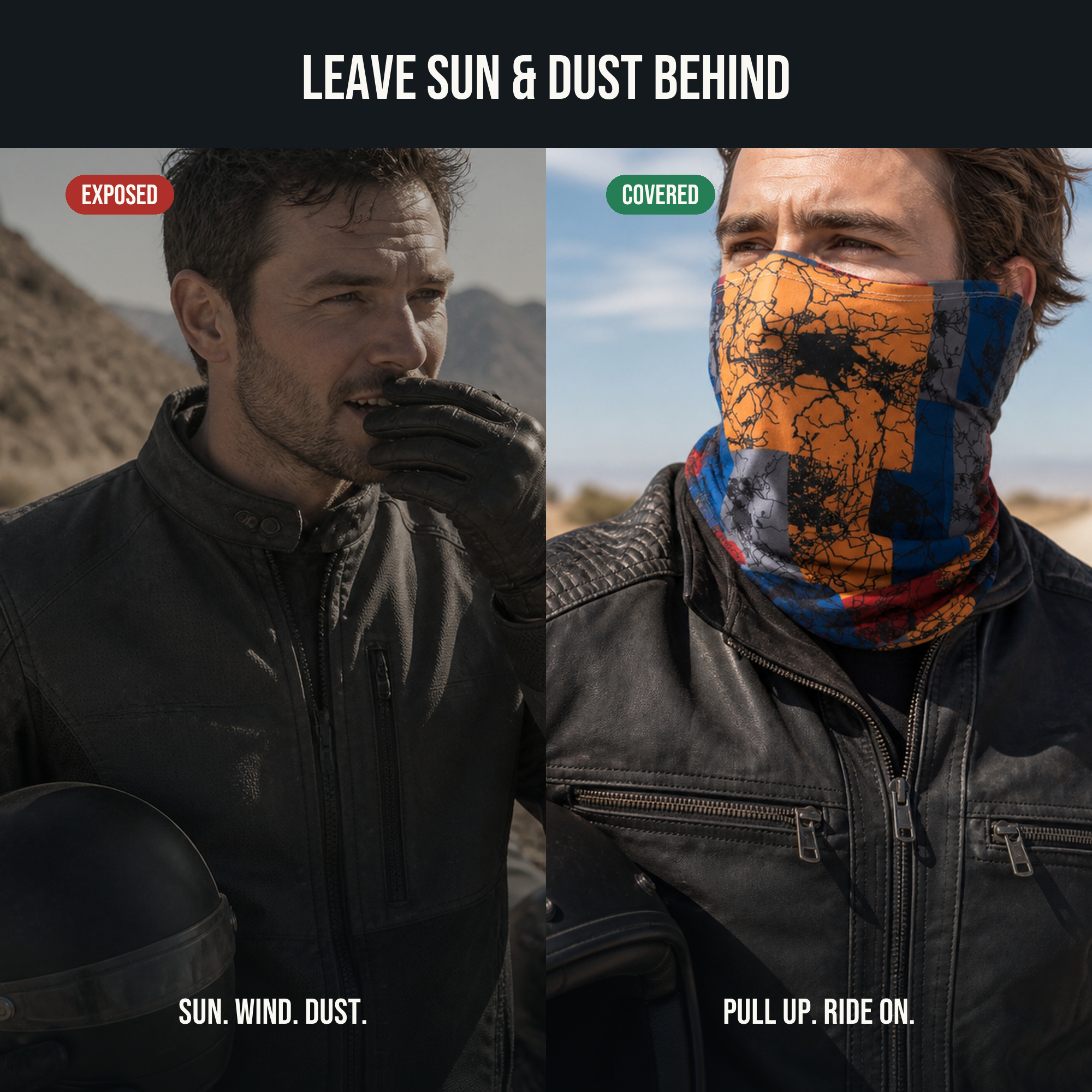 Neck gaiter providing lightweight lower-face coverage in sun, wind, and dusty road conditions