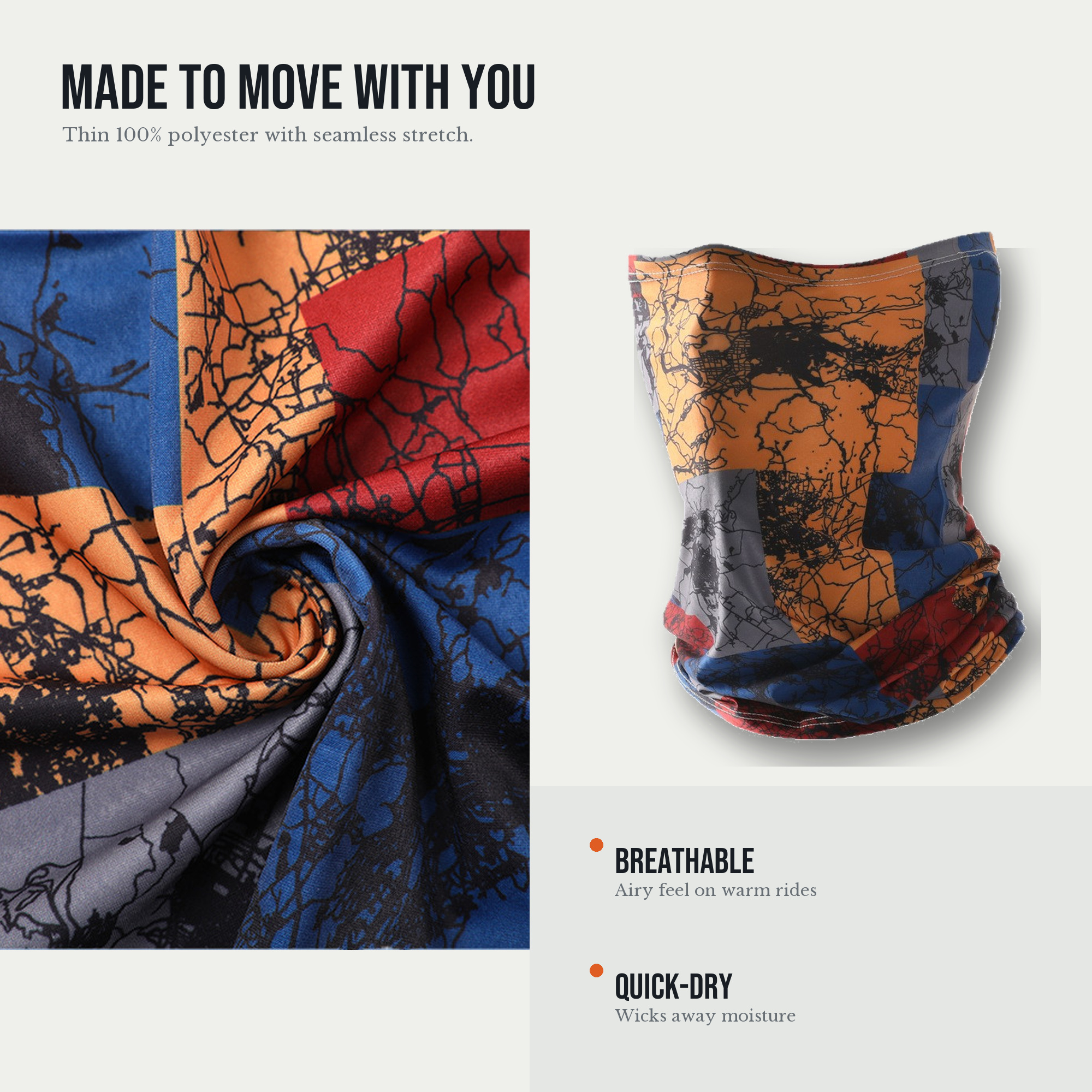 Close-up of the lightweight, breathable polyester stretch fabric and seamless tube construction
