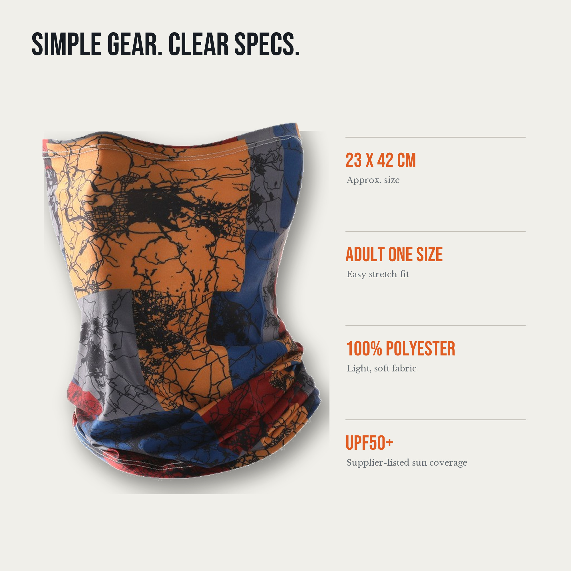 Neck gaiter size diagram and polyester material details