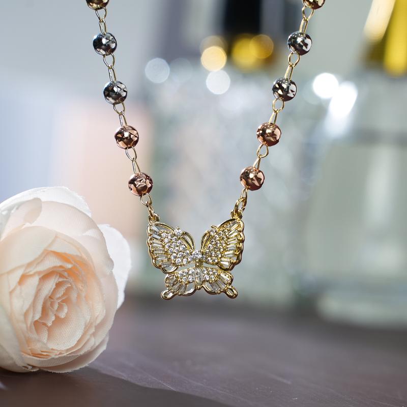 14K Gold Plated Butterfly Pendant Necklace for Women, Tri-Color Bead Rhinestone Necklace for Daily Party, Trendy Jewelry Gift