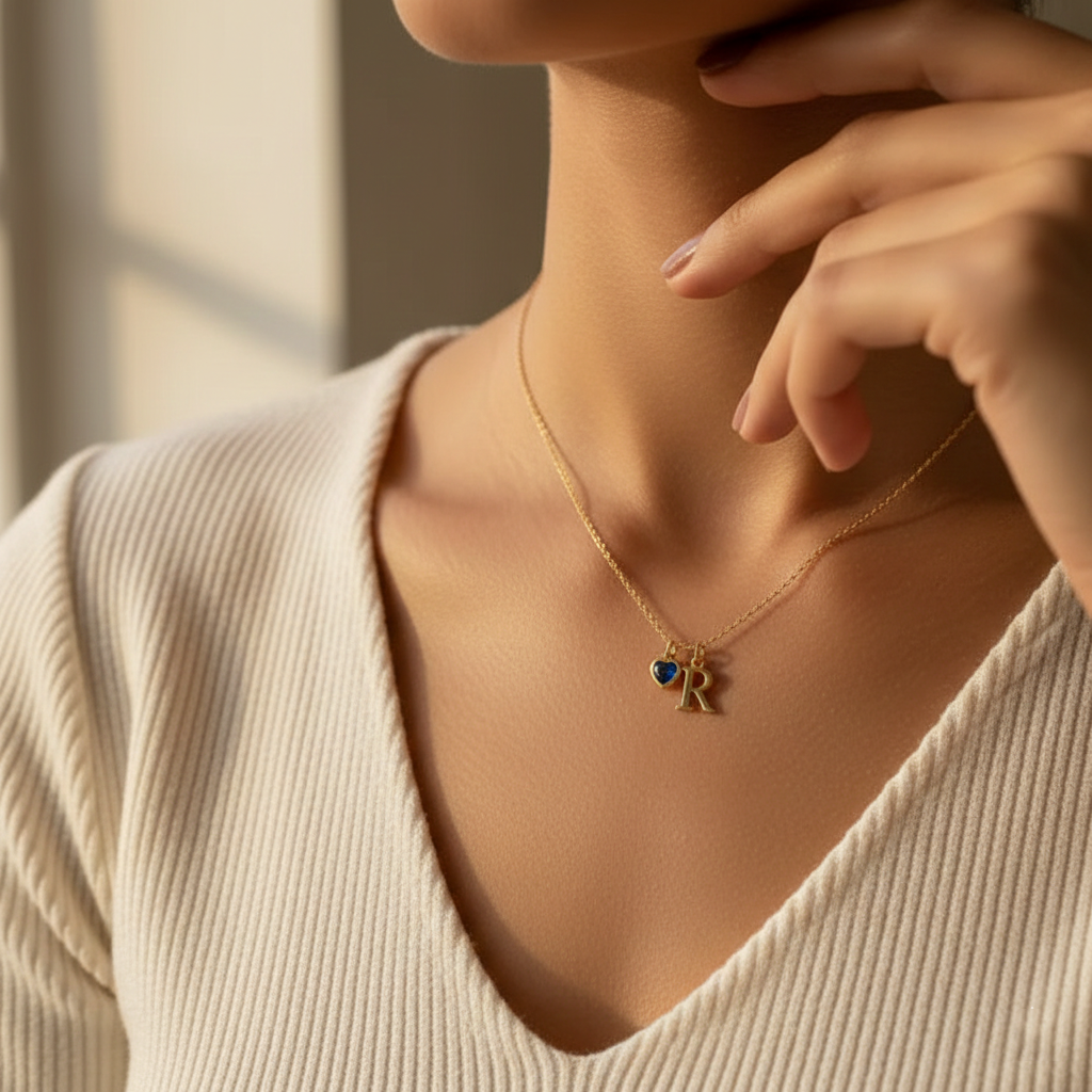 Initial Necklace with Heart Birthstone – Custom Handcrafted Jewellery