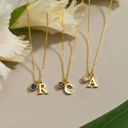 Initial Necklace with Heart Birthstone – Custom Handcrafted Jewellery