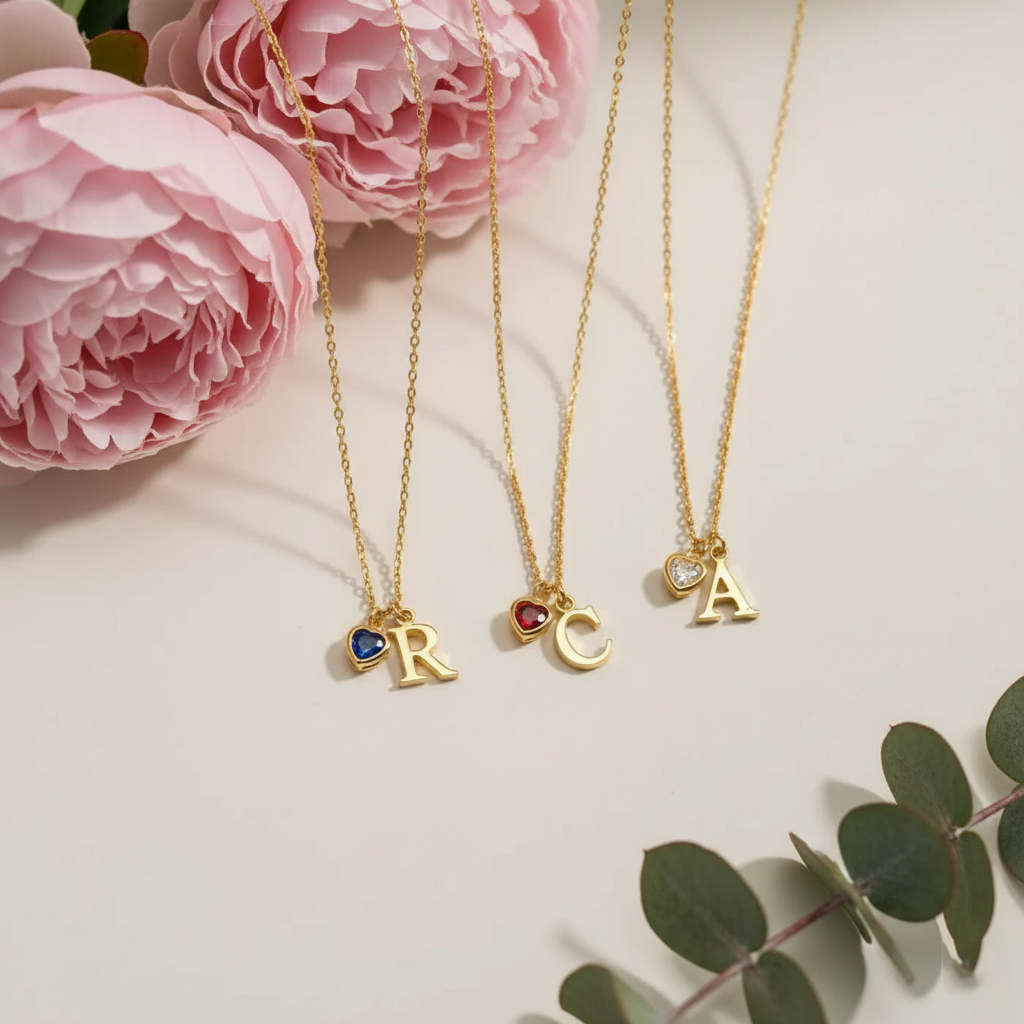 Initial Necklace with Heart Birthstone – Custom Handcrafted Jewellery
