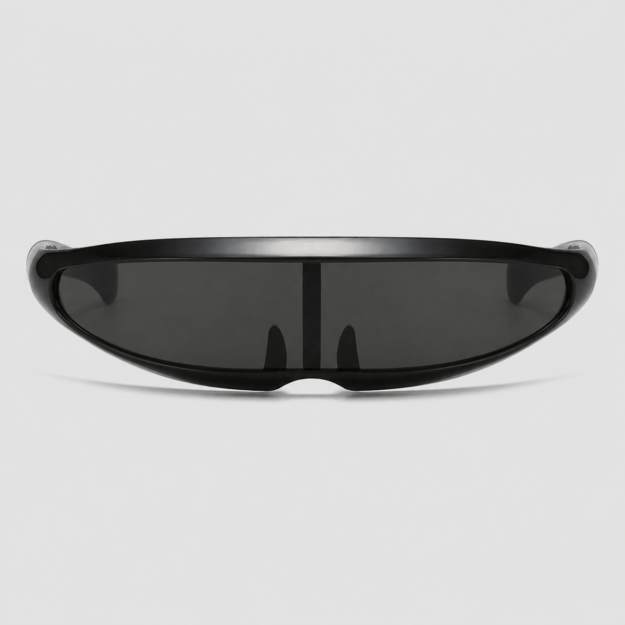 Front view of low-profile wraparound riding glasses